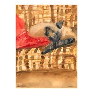 Original 1974 Watercolor Painting - Sleeping Siamese (1974 Adrienne Anderson)